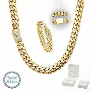 [Mother's Day  Gifts] 14K Gold Plated Cuban Link Chain Set with Diamond S Clasp