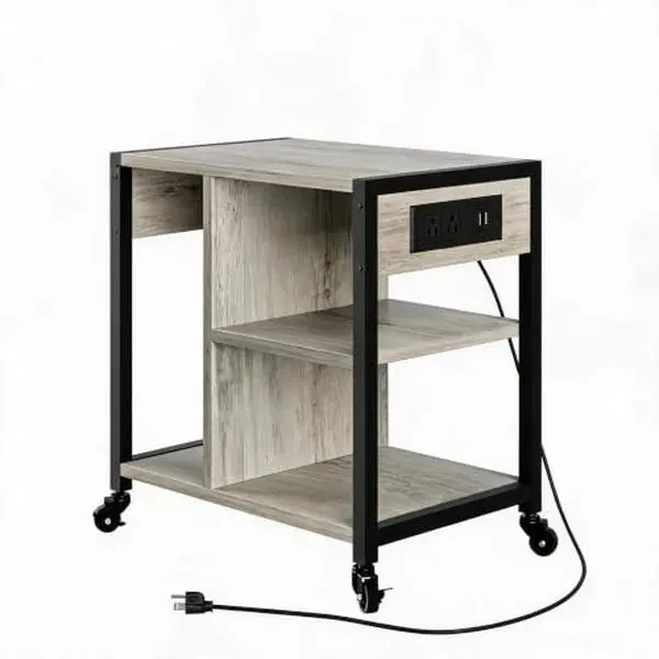 Rolling Printer Stand – w/ Power Outlets & USB Ports, Locking Casters | Gray | Convenient Workspace