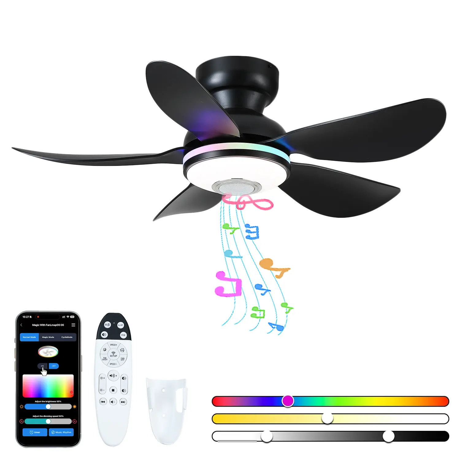 Kviflon 36/46-Inch Modern Black Smart Low Profile Flush Mount Ceiling Fan with Dimmable LED Ambient Lighting, Adjustable RGB Lighting, Bluetooth Speaker, App Control & Music Sync for Bedroom, Gaming Room | 8922