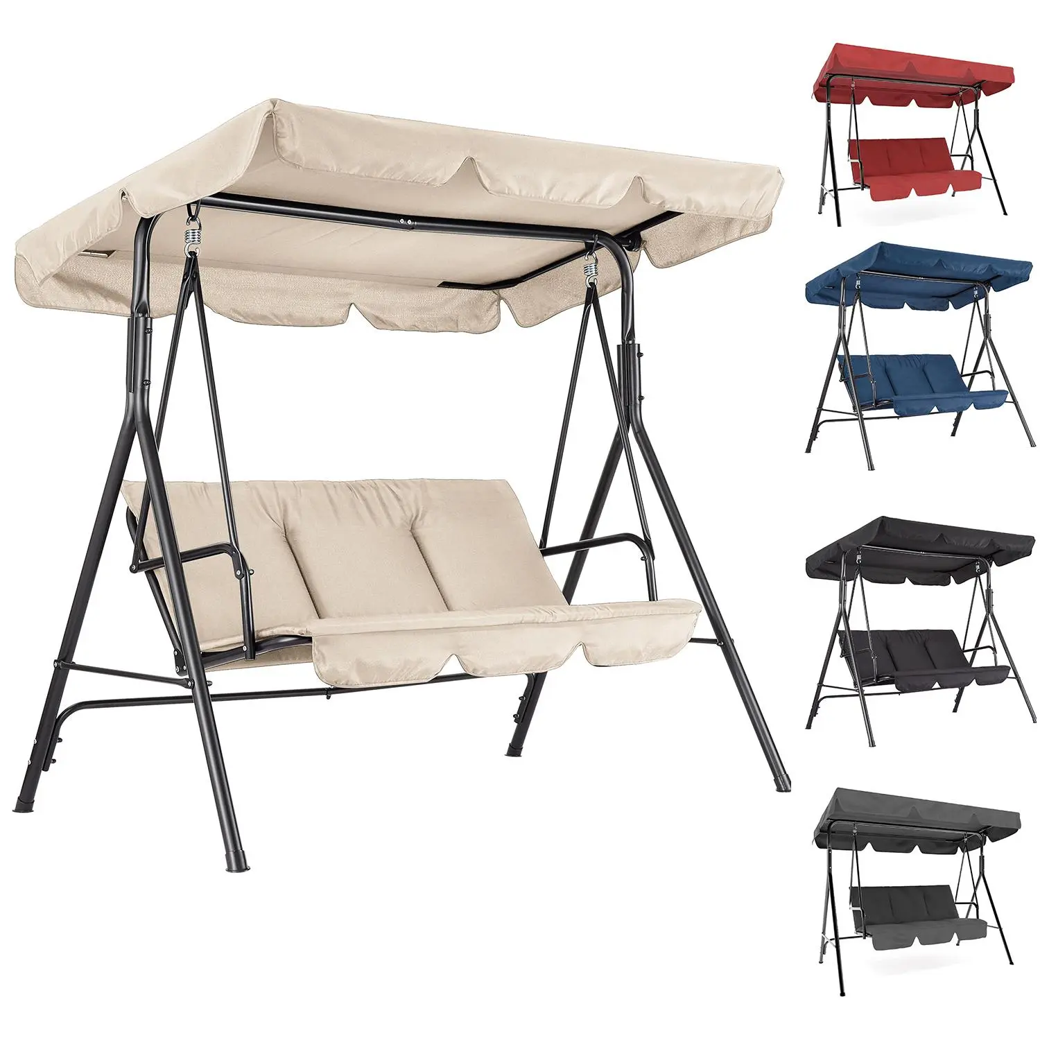 3-Person Outdoor Patio Swing with Adjustable Canopy, 3-Seat Outdoor Swing Chair with Tilt Shade, Heavy-Duty Steel Frame Porch Swing for Patio, Garden, Backyard