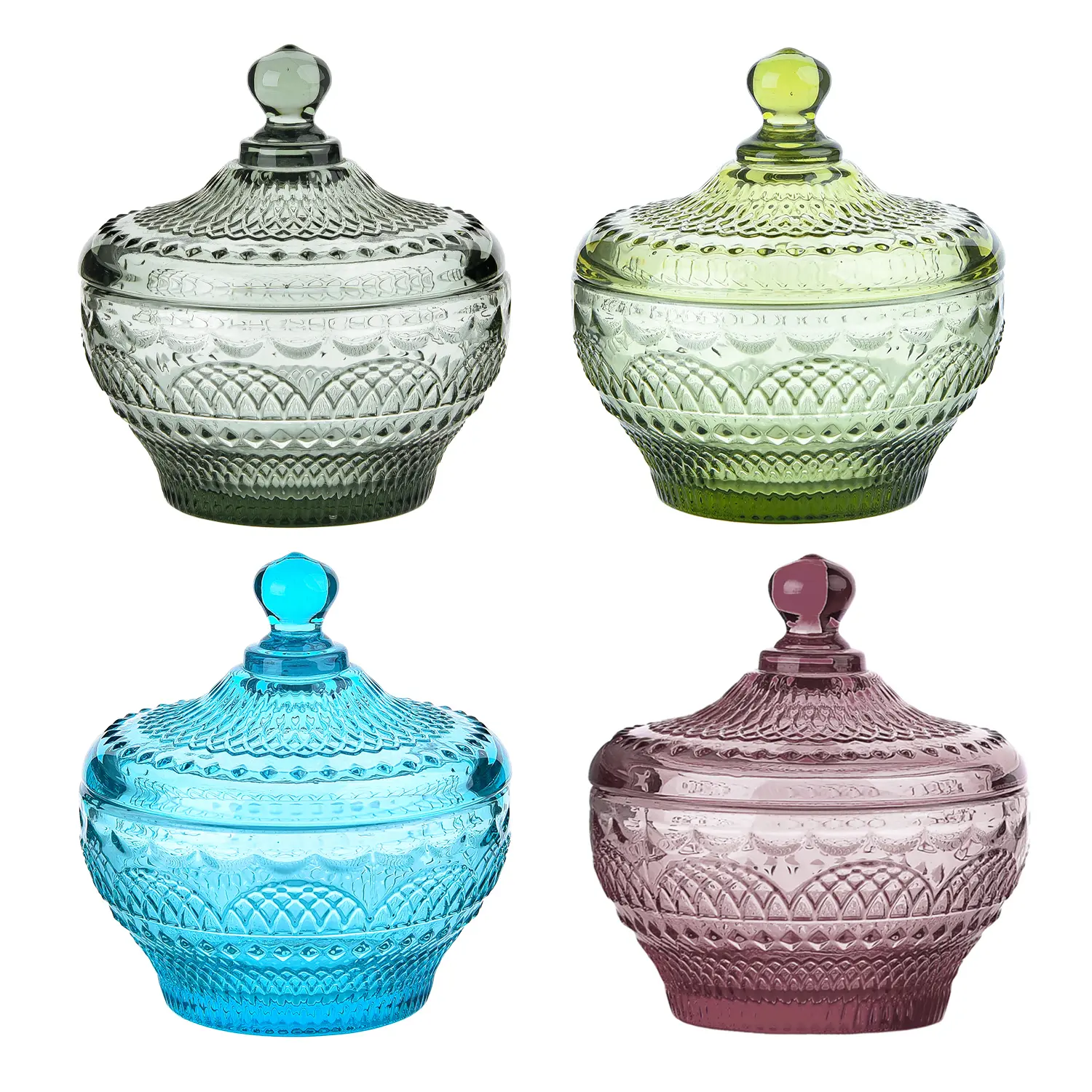 Sungmor 4-Piece Embossed Glass Canister Set with Lids, Decorative Colorful Containers – Organiser Jars for Dessert Buffet, Home Storage
