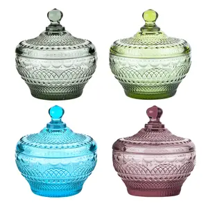 Sungmor 4PC Pretty Embossed Glass Candy Storage Jars w/Lid, Decorative Colorful Crystal Bowls for Chocolate Dessert Ice-cream Cookies Nut Buffet, Pretty Apothecary Container Jewelry Holder Trinket Box