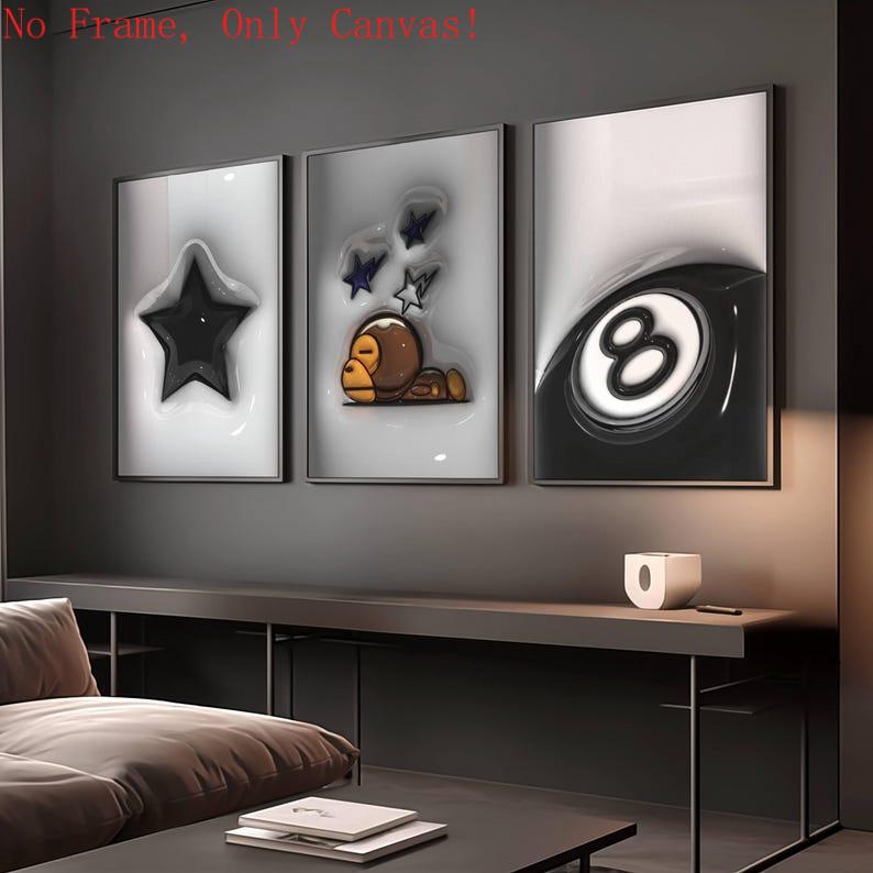 Set of 3 HypeBeast Decor, Cool  Art, 2D  prints, Urban Street Art, HypeBeast Room Decor, Gift for Him, 8 ball.Unframed Acrylic Decorative wall canvas Kitchen Box Paintings Water Proof artwork dark big