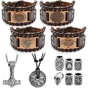 12 Pcs Viking Bracelet Nordic Amulet Accessories for Men Rune Compass Dragon Fenrir Wolf Bracelet Norse Talisman Necklace Viking Hair Accessories for Men Women