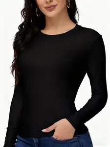 Long Sleeve Shirts for Women Crew Neck Thermal Shirts Ribbed Knit Slim Fit T Shirt Basic Tee Tops Womenswear Black Crewneck Minimalist