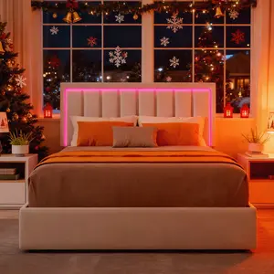 Full Size Bed Frame with 4 Storage Drawers Upholstered Padded Design LED RGB Headboard Heavy Duty Wooden Slat Support No Box Spring Needed Easy Assembly White Finish gira  tree  vanity