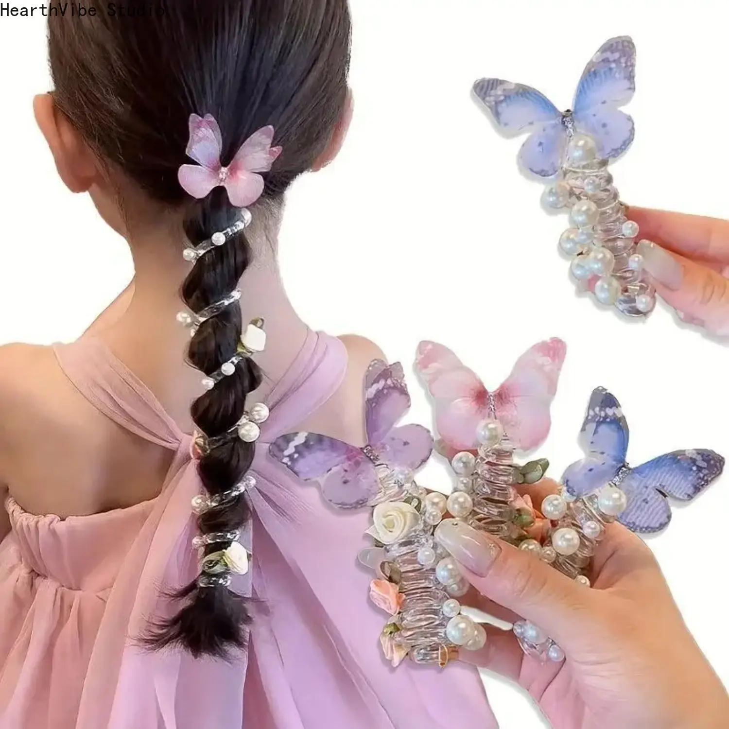 3-Piece Mesh Butterfly Telephone Cord Hair Ties, Beaded Flower Elastic Bands, No-Creep Ponytail Holders, Whimsical Hair Accessories for Kids Party & Daily Wear, Hair Styling Accessories, Children