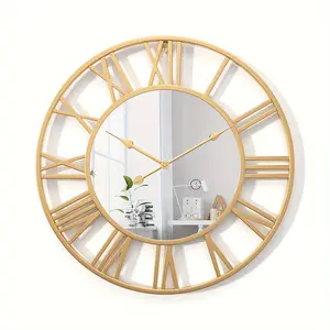 New Large Modern Wall Clock Silent Non-Ticking Golden & Black With Roman Numerals Metal Frame With Acrylic Mirror Face For Living Room Bedroom Entryway Decor Round