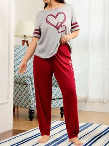 Plus Size Women's Color Block Striped Heart Print Top with Letter Print Bow Tie Long Pants Pajama Set, Ultra Comfortable Sleepwear Loungewear Homewear Pyjamas Pjs, Womenswear