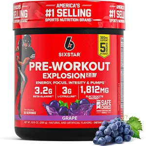 Six Star Pre-Workout Explosion, Grape (30 Servings) - Preworkout Energy Powder Supplement for Men & Women - Workout Drink Mix with L-Tyrosine & Beta Alanine - Sports Nutrition Products