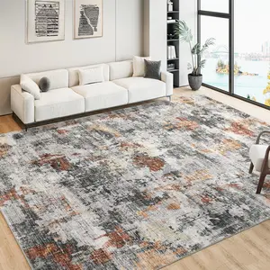 GARVEE Washable 9x12 Rug for Living Room - Soft, Abstract, Non-Slip, Foldable, Ultra-Thin, Stain Resistant Vintage Large Area Rug for Bedroom and Dining Room in Grey and Rust Tones