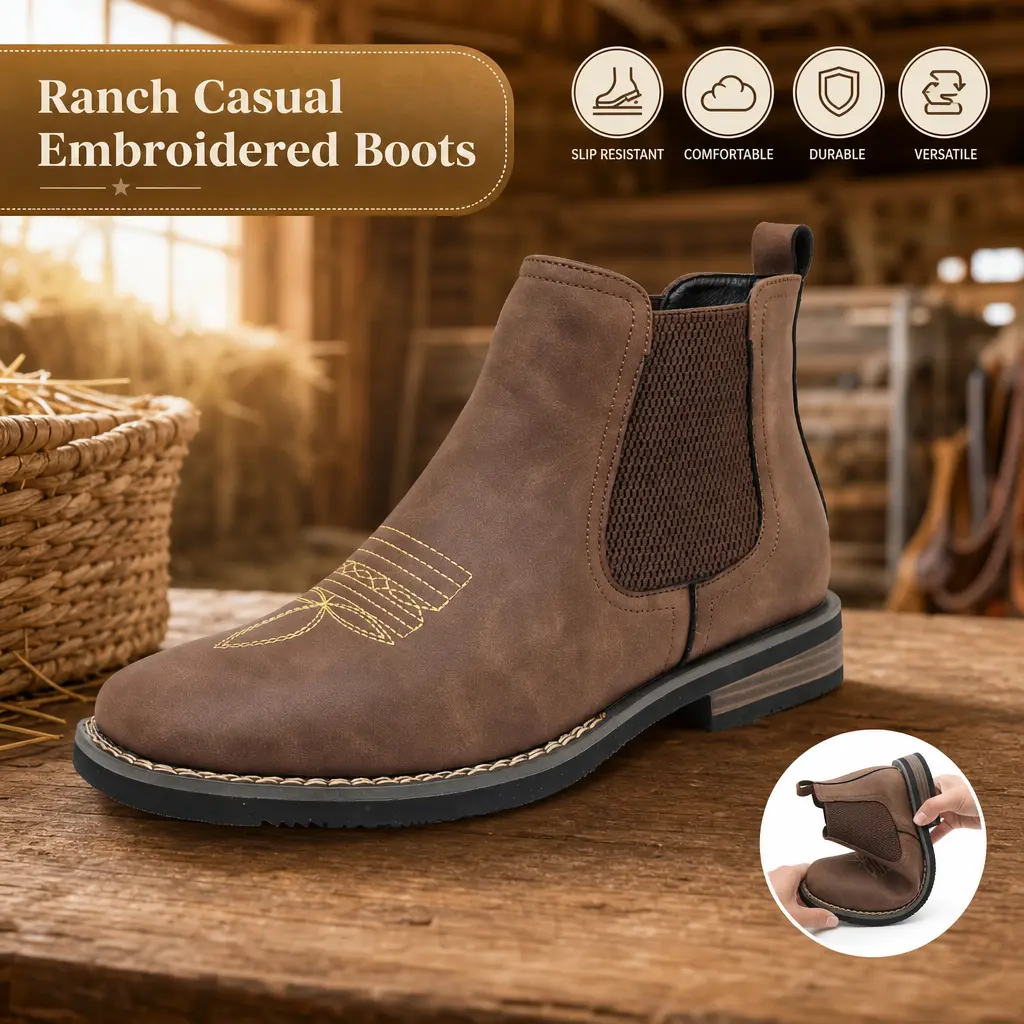 Embroidered Chelsea boots in British style with an elastic opening, low heel, and short shaft—denim boots.