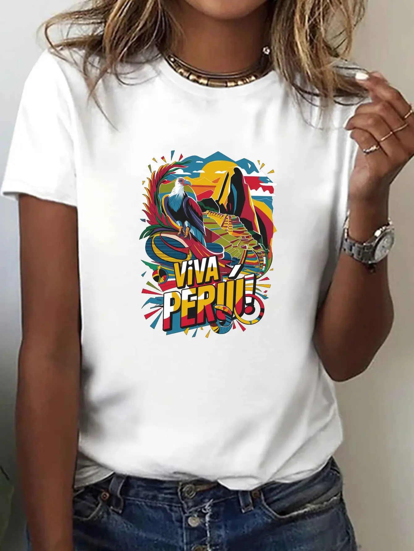 Condor Machu Picchu Long Live Peru Print T-shirt, unisex soft cotton short sleeve t shirt, vintage graphic casual tee for men women teens, perfect birthday holiday gift for camping travel gym daily street casual wear