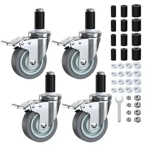 Caster Wheels Locking 4 Inch Expanding Stem Casters, Threaded Swivel Casters Set of 4 Duty Castors, Fit 1", 1-1/4", 1-2/5", 1-1/2",1-5/8" ID Stainless Table, Cart, Furniture Legs