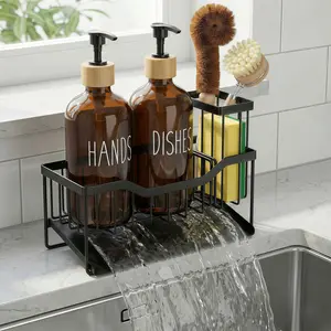 Kitchen Dish Soap Dispenser Set with Sponge Holder,  4-in-1 soap pump dispenser, 12OZ Glass Bottle, Hand and Dish Soap Dispenser Set, Non-Slip Silicone Pad, Brush Holder, Kitchen Sink Organizer Countertop (Amber) caddy organizer