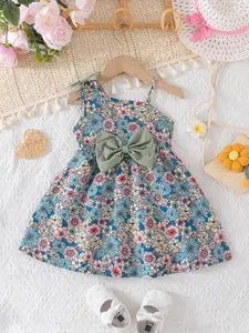 Baby Girls Summer Irregular Strap Floral Dress, Bowknot Decoration, Cute Flower Print, Casual Wear, Toddler Fashion