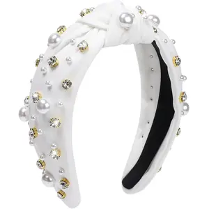 puffed bridal headband Pearl Knotted Headband, Women Rhinestone Embellished Hairband Elegant Wide Top Knot Bride Headbands