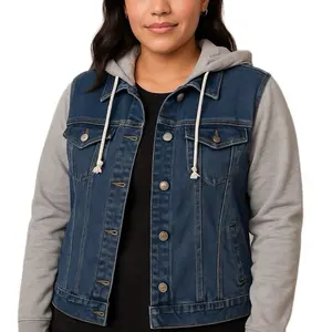 Chamarra with Hood 74% Cotton 24% Polyester 2% Spandex Denim Jacket Featuring Gray Sleeves and Button Closure
