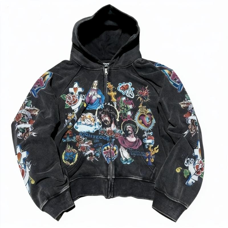 Y2K Religious Tattoo Pattern Zip-Up Hoodie - Cropped Street Style Pullover Sweatshirt, Artistic Print, Casual Loose Fit, Jesus Faith Jacket, Unisex