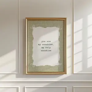 You Are My Sunshine Nursery Wall Art  Green Gingham Farm House Girl's Room Decor  Cottagecore Rhyme Kids Room  Neutral Bow Print