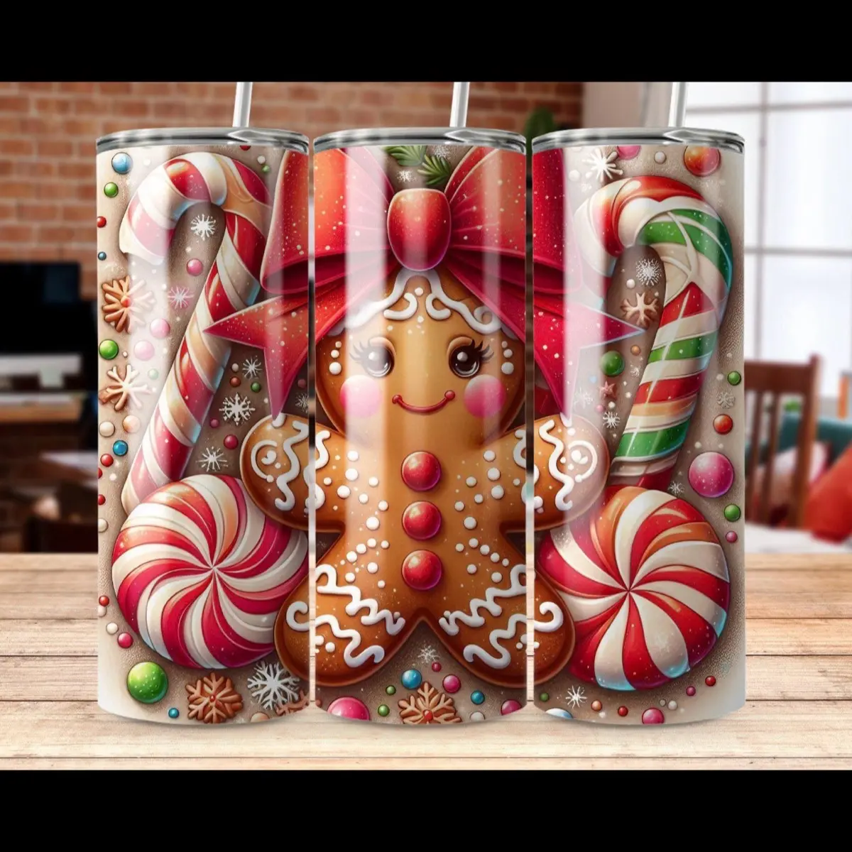 Gingerbread Christmas 20 oz Skinny Tumbler - Cute Gingerbread Bottle for Drinks - Drinkware cup Tea Winter