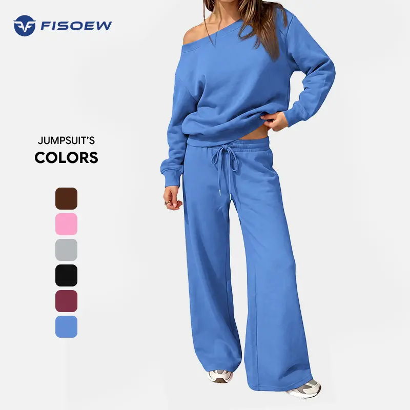 Fisoew Women's 2-Piece Chic Ribbed Tracksuit Set - Elastic, Comfortable Off-Shoulder Longsleeves Lightweight Sweatshirt, Adjustable Drawstring Loose Wide Leg Bottoms for Casual Lounge