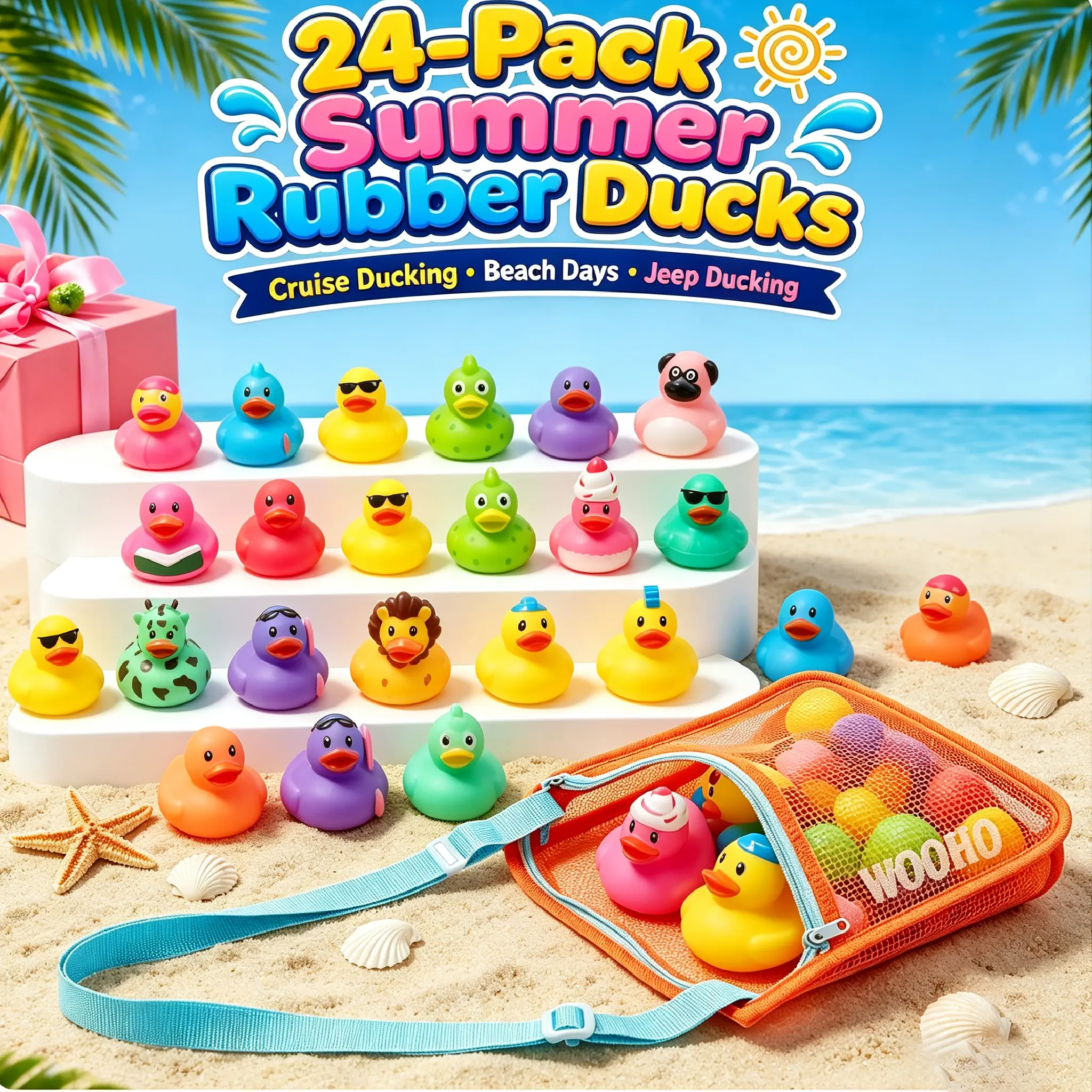 24 Pack Rubber Ducks for Cruise Ship Ducking – Beach Ducks for Jeeps, Bulk Summer Floating Ducks with Mesh Bag, Bath & Pool Toys for Kids, Party Favors, Birthday Gifts, Classroom Rewards & Carnival Prizes
