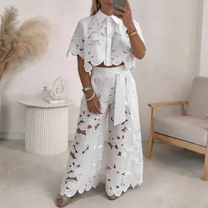 Women's 2026 Retro Lace Outfit Set Short Sleeved Blouse Tops & Tie-up Pants Two-Piece Embroidery Hollow Temperament Suit for Casual & Special Occasions Chic Womenswear Clothes Trouser