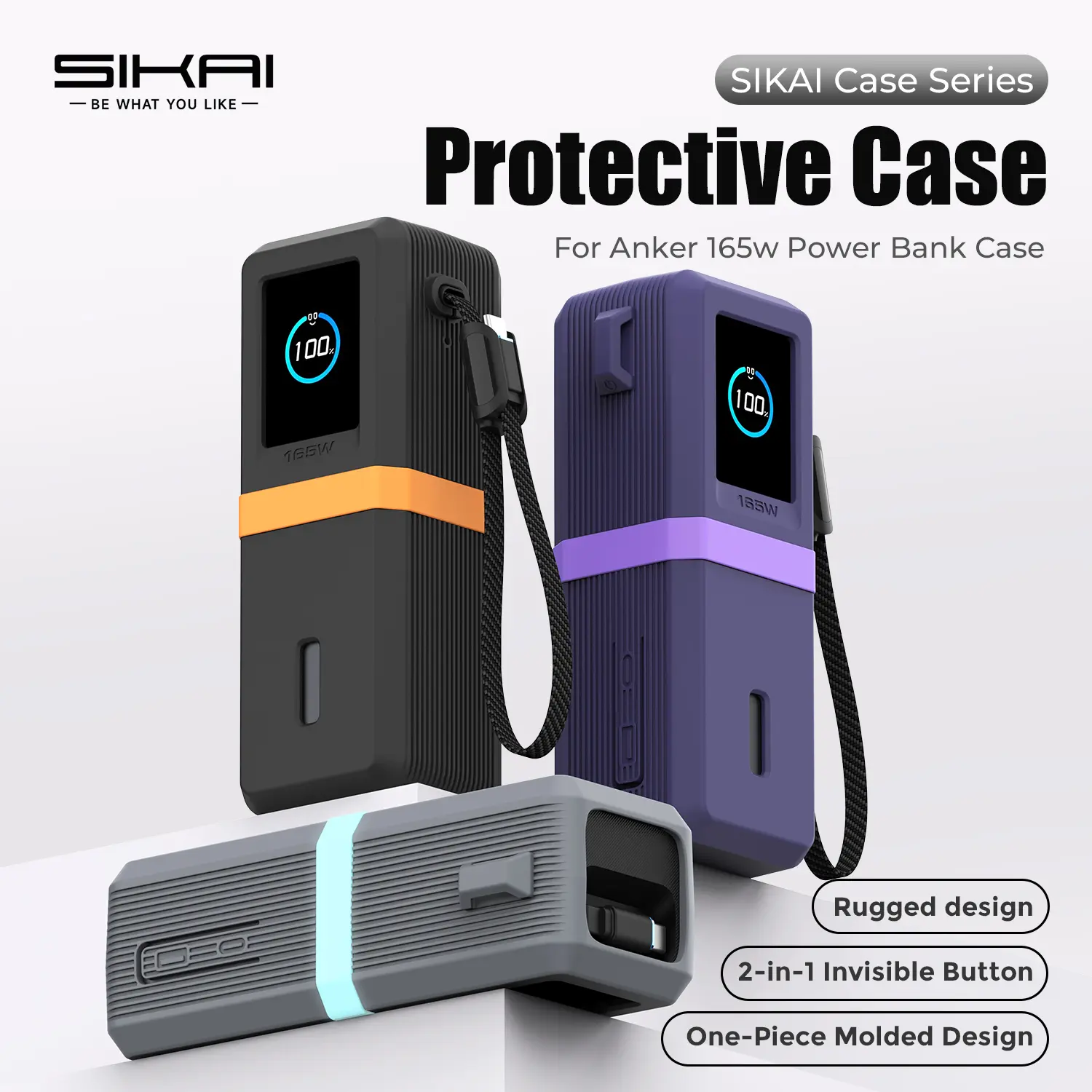 Silicone Protective Case for Anker 165W Power Bank - Travel Battery Pack Accessory, Lightweight Minimalist Cover, Shockproof Rugged Design, Lanyard-Ready, Invisible Power Button, 360° Protection, 1-Piece Molded Design
