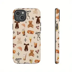 This durable, shock-absorbing matte 2-in-1 phone case features a bear coffee lover collage pattern and is suitable for iPhone 17, 15, 14, 13, 12, 11, and X series models. It can be given as a holiday gift to friends or family.