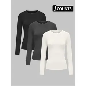 Sporty Women's Solid Color Long Sleeve Ski Baselayer Tee, Casual Sporty Breathable Comfortable Round Neck Top for Yoga Gym Workout, Ladies Sportswear for Fall & Winter