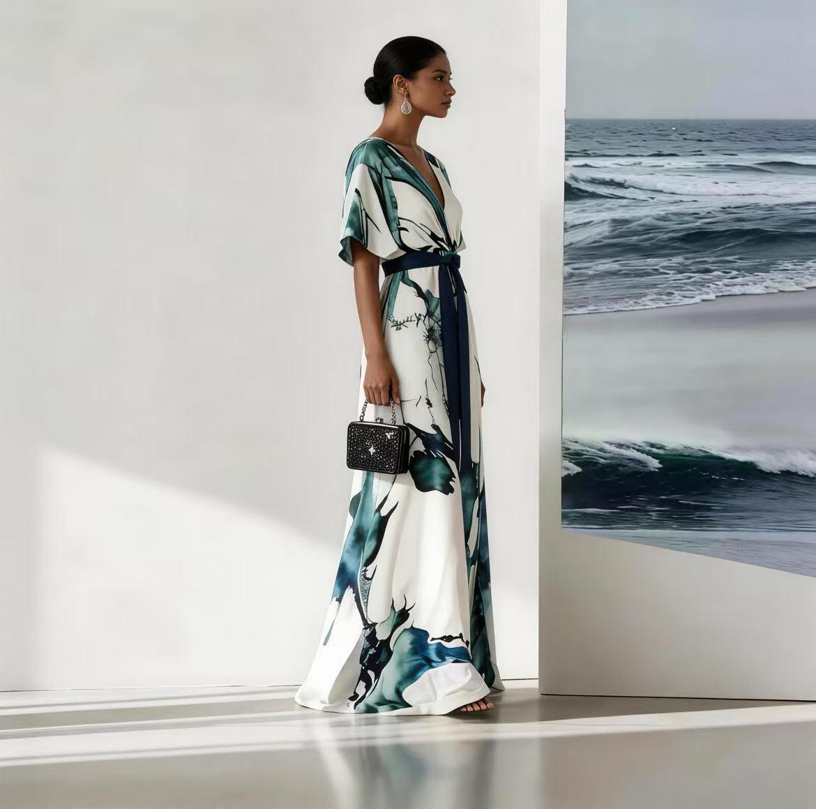 2026 Summer Watercolor Print Maxi Dress - V-neck Tie Waist, Batwing Sleeves And Pleated Details, Loose Bohemian Wedding Party Dress (blue/white/black/beige), Elegant Tassel Design For Wedding And Holiday Wear, A Must-have For Bohemian Lover Fit Womenswear