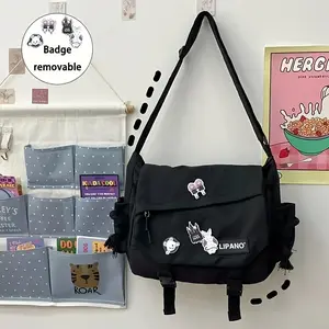 Harajuku Style Large Capacity Crossbody Bag - Retro Workwear Design with 4 Decorative Badges, Durable Polyester, Adjustable Strap & Zipper Closure, Unisex for Men & Women, Back to School Essentials (Beige & Navy Blue)