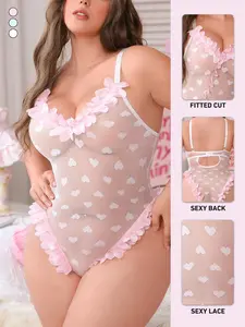 Valentine's Day Floral Lace Patchwork Plus Size Bodysuit, No Steel Cup, Sexy One-Piece Underwear, Slim-Fitting, All Seasons
