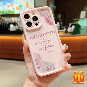 Pink roses and the Book of Philippians 4:13 Pattern Soft silicone phone case for iPhone 17 Pro Max Air 16 15 Plus 14 13 12 11 Matte Finish Anti Drop Bumper Religious Birthday Gift For Her Everyday Use Protector with Screen Protector