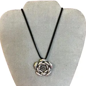 Carved Flower Sterling Silver Pendant with Black Cord Necklace