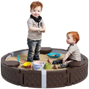 Qaba Sandbox for Kids, Outdoor Sand Pit with Cover, Built-in Seating, Bottom Liner for Backyard, Garden