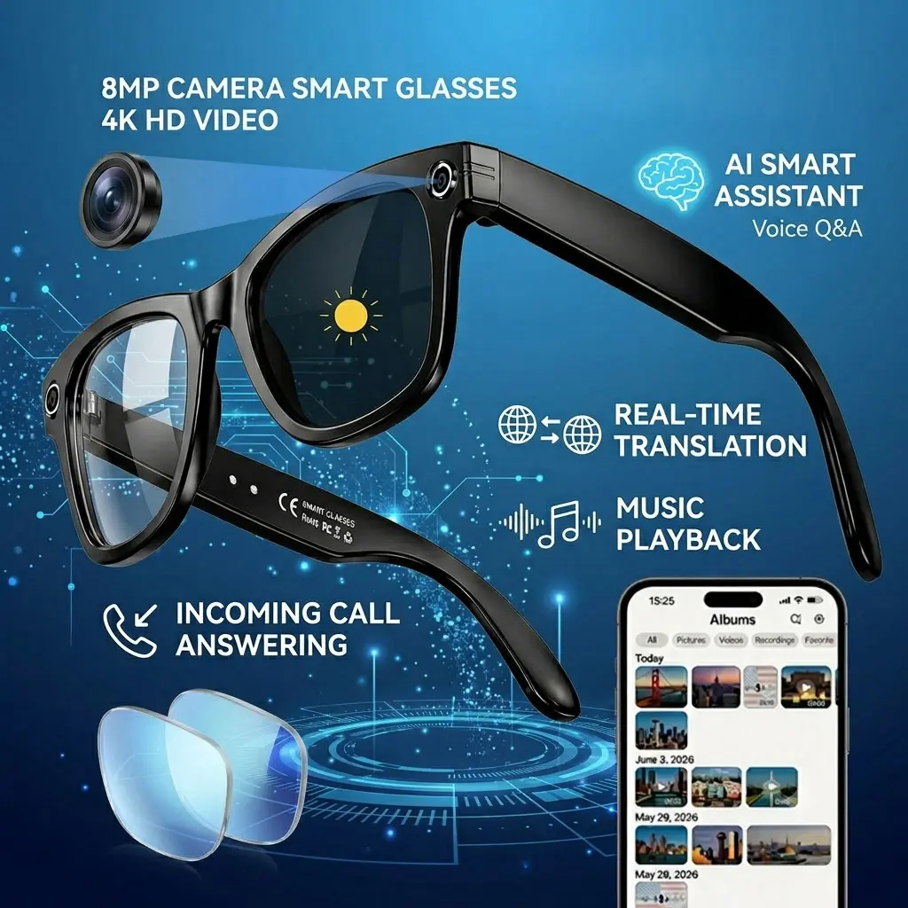 Smart AI Camera Glasses with Translation, 8MP HD Wearable Photochromic Glasses, 4K HD Video Recording Glasses for Unisex Adult , Voice Assistant, hands-free Open-ear Bluetooth Calling,AI object recognition,Bonus Blue Light Lenses Included