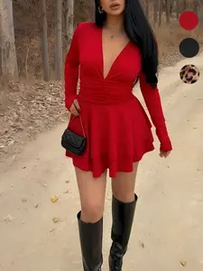 Women's Deep V Neck Long Sleeve Bodycon Dress, Summer & Spring Fashion, Sexy Slim Fit Short Skirt, Elegant Feminine Party Wear