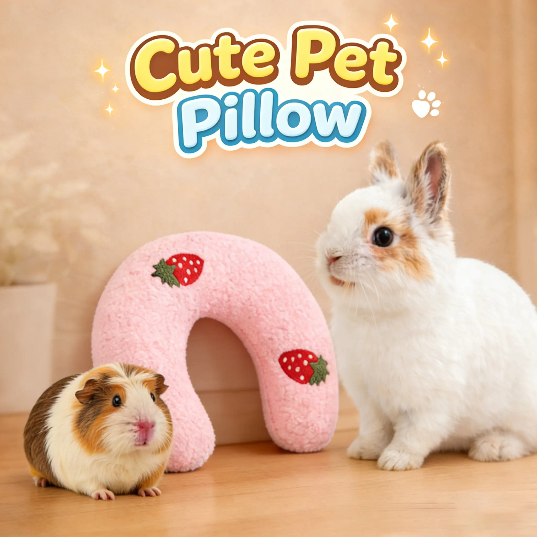 Small Animal U-Shaped Plush Pillow - Cute Strawberry Embroidery, Warm Cage Cushion Accessory for Guinea Pigs, Bunnies, Hamsters, Hamster, Beds