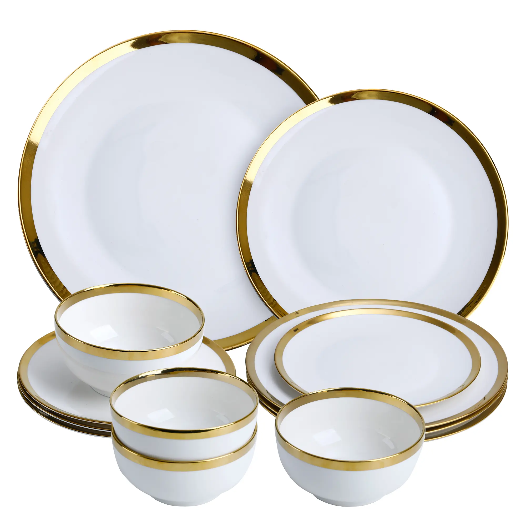 Luxury 12-Piece Lightweight White Gold Rim Tableware Set for 4, Elegant Bone China Dinner Plates & Bowls, Microwave-Safe, Dishwasher-Safe, Chip-Resistant Fine Dining Set