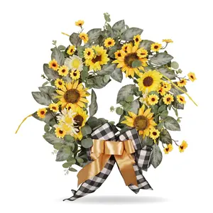 Rustic Sunflower Front Door Wreath | Farmhouse Buffalo Plaid Bow Floral Decor | Summer Porch Upgrade