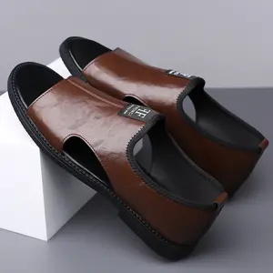 Men’s Slip-On Sandals, Open-Toe Leather Footwear for Summer Casual Wear Brown Flexible