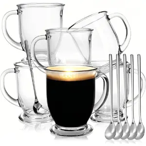 6 Pack 15 OZ Clear Glass Coffee Mugs with Handles and 6 Spoons Large Espresso Cup Set for Water Tea Cappuccino Latte Juice Cocoa Milk Hot or Cold Beverages