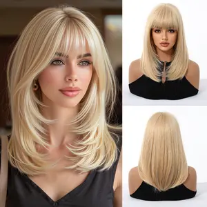 A 14-Inch Platinum Blonde Layered Wig with Bangs for Women, Suitable for Daily Life, Work, Music Festivals, Christmas, And More. Made from High-Temperature Synthetic Fibers with a Rose Net Cap