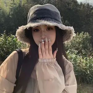 Japanese Retro Denim Fisherman's Hat for Women Summer Style Oversized Headband Bucket Hat Distressed Finish Sun Protection Face-Slimming Effect