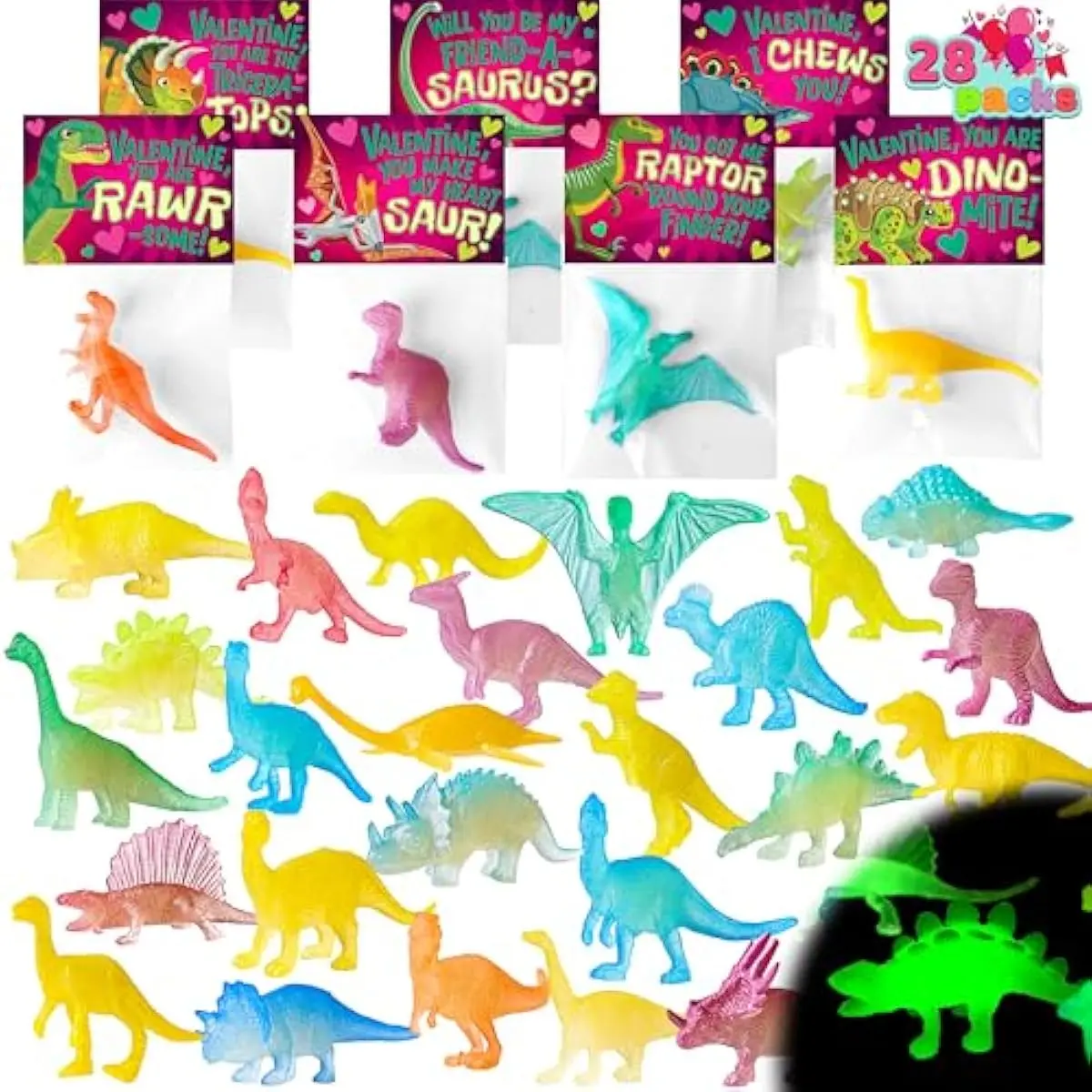 28 Packs Valentines Dinosaur Toys Glow in Dark with Greeting Cards for Valentine Kids Party Favor, School Classroom Exchange Prizes for Boys Girls