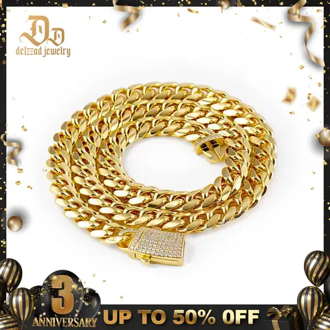 Delzzad 14K Gold-Plated Hip Hop Cuban Necklace Cuban Link Bracelet Synthetic Moissanite Copper Unisex Jewelry Golden Shine for Everyday & Special Occasions Perfect Birthday Christmas Gift Jewelery Gift Set