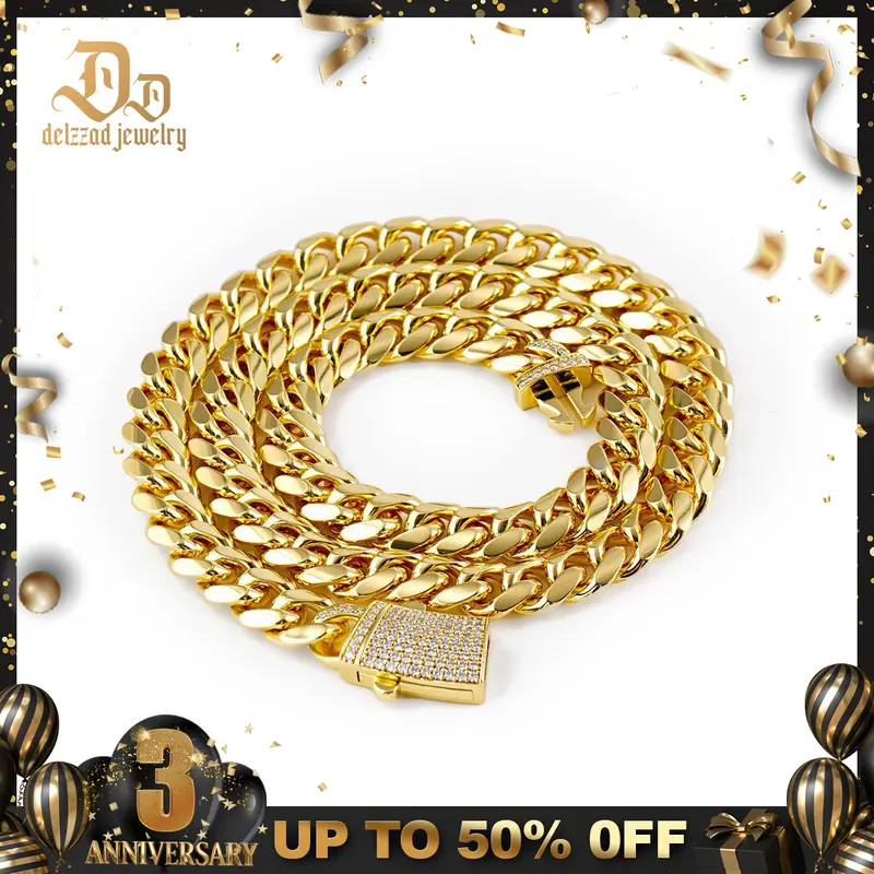 Delzzad 14K Gold-Plated Hip Hop Cuban Necklace Cuban Link Bracelet Synthetic Moissanite Copper Unisex Jewelry Golden Shine for Everyday & Special Occasions Perfect Birthday Christmas Gift Jewelery Gift Set