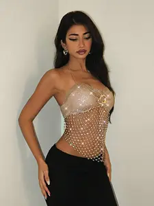 Women's Rhinestone Fishnet Top, Suitable For Night Out Parties And Carnivals